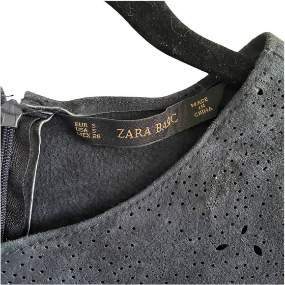 ZARA Suede Crew Neck Short Sleeve Cropped Blouse Navy Blue S - Picture 3 of 3